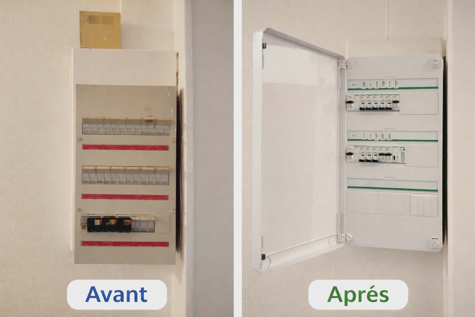 Rénovation d'un tableau électrique : ancien tableau vétuste à gauche, nouveau tableau Schneider aux normes à droite